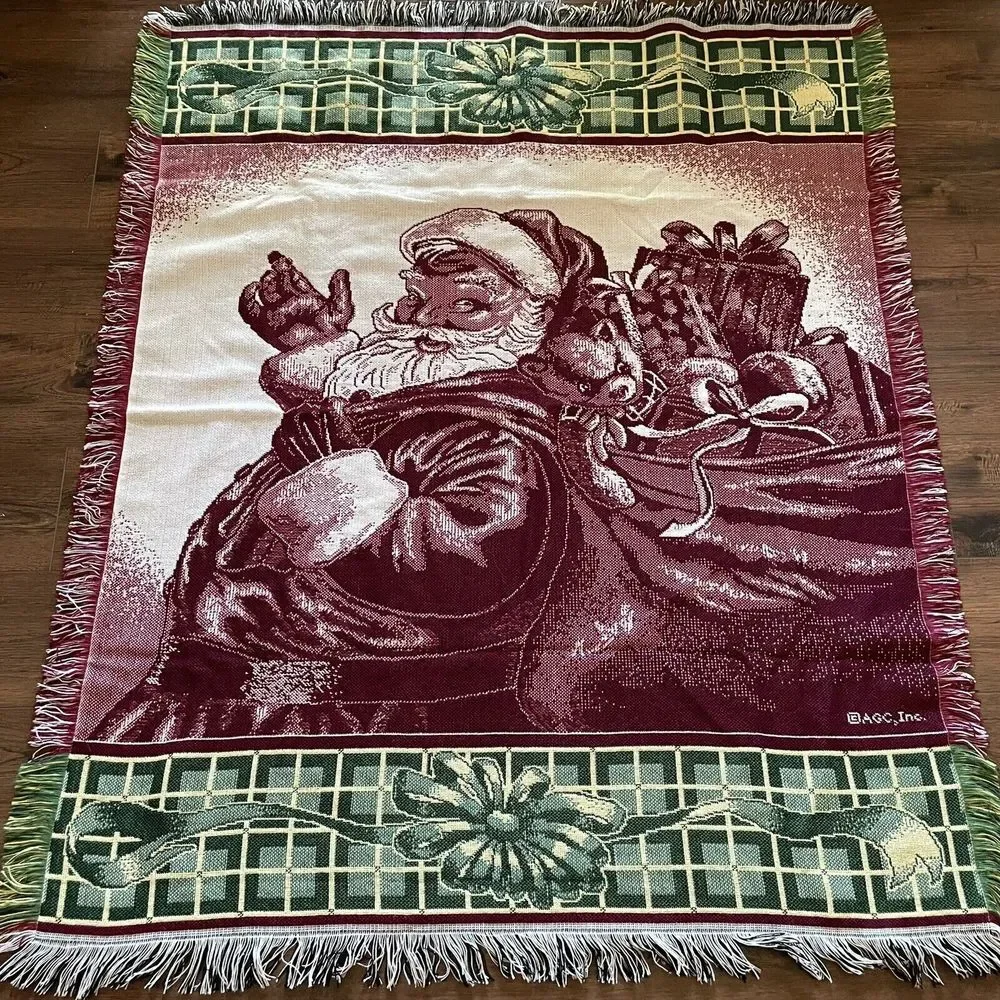 VTG Santa Claus Christmas Woven‎ Tapestry Throw Blanket Gifts Plush Tassel Trim